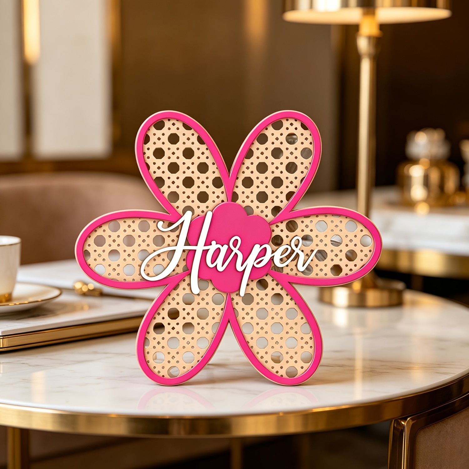 Baby Nursery Toy - Personalized Boho Rattan Flower Name Sign,