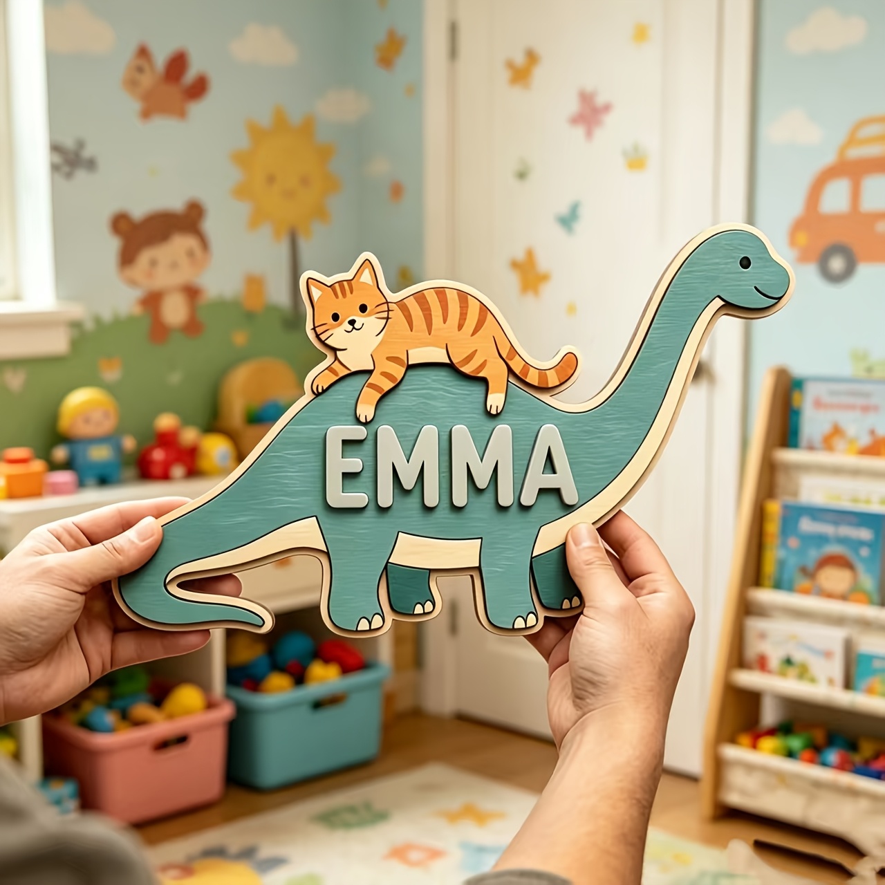 Personalized Cat Riding Dinosa - Baby Nursery Toy recension och pris
